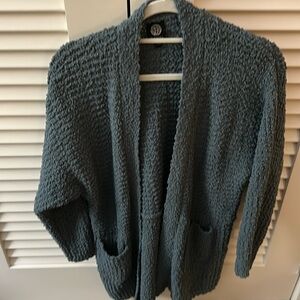 Bobeau long open cardigan with pockets, color is greenish blue